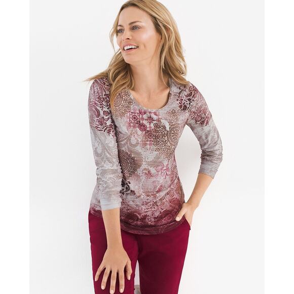 Chico's Zenergy Top Size 3 Long Sleeve Lace Print Tunic Brown Red - Picture 2 of 7